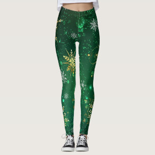 Xmas Golden Snowflakes op groene achtergrond Leggings
