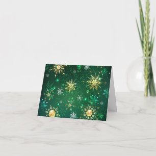 Xmas Golden Snowflakes op groene achtergrond Notitiekaartje