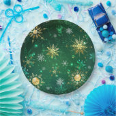 Xmas Golden Snowflakes op groene achtergrond Papieren Bordje (Feest)