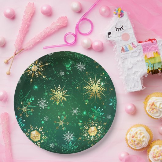 Xmas Golden Snowflakes op groene achtergrond Papieren Bordje (Feest)