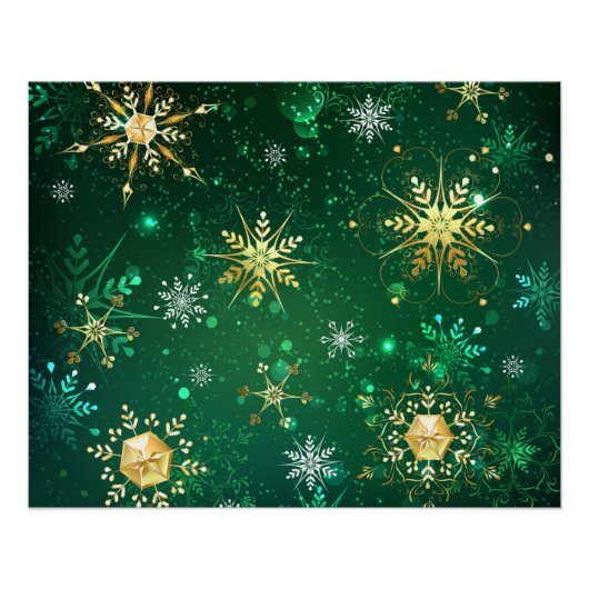 Xmas Golden Snowflakes op groene achtergrond Perfect Poster (Voorkant)