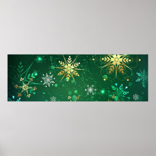 Xmas Golden Snowflakes op groene achtergrond Poster