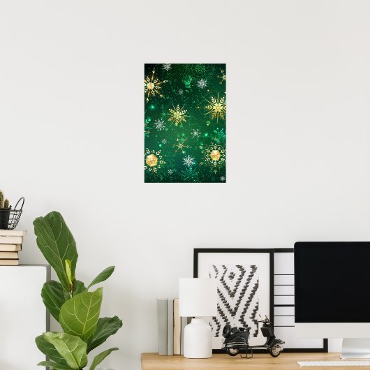 Xmas Golden Snowflakes op groene achtergrond Poster (Thuiskantoor)
