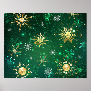 Xmas Golden Snowflakes op groene achtergrond Poster