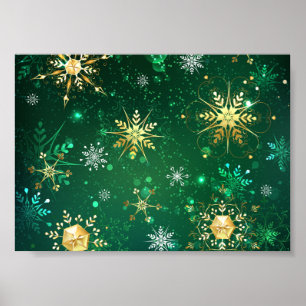 Xmas Golden Snowflakes op groene achtergrond Poster