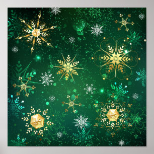Xmas Golden Snowflakes op groene achtergrond Poster