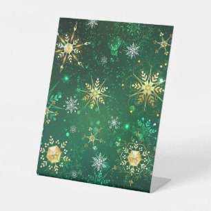 Xmas Golden Snowflakes op groene achtergrond Reclamebord Met Voetstuk