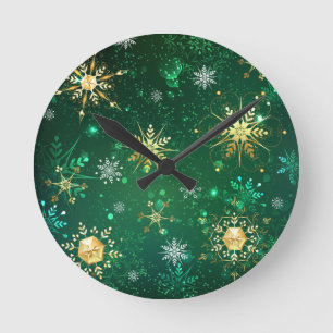 Xmas Golden Snowflakes op groene achtergrond Ronde Klok
