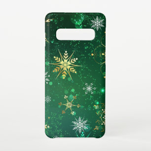 Xmas Golden Snowflakes op groene achtergrond Samsung Galaxy S10 Hoesje