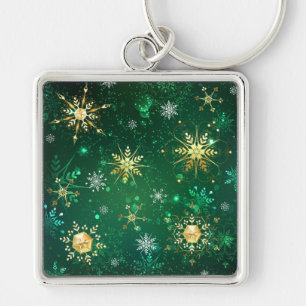 Xmas Golden Snowflakes op groene achtergrond Sleutelhanger