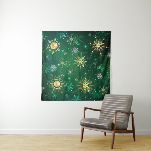 Xmas Golden Snowflakes op groene achtergrond Wandkleed (In Situ (horizontaal))
