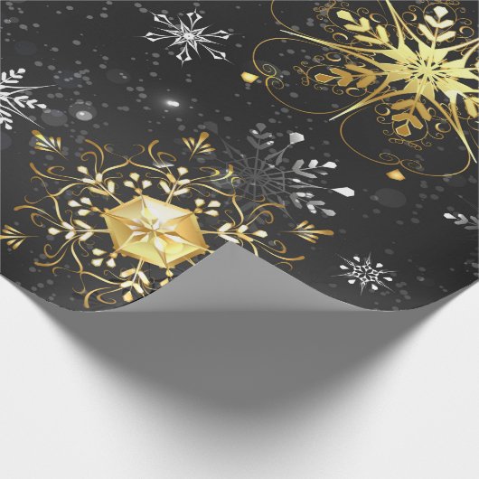 Xmas Golden Snowflakes op zwarte achtergrond Cadeaupapier (Hoek)