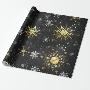 Xmas Golden Snowflakes op zwarte achtergrond Cadeaupapier