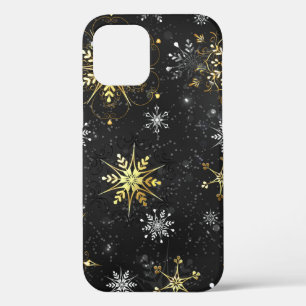 Xmas Golden Snowflakes op zwarte achtergrond iPhone 12 Hoesje