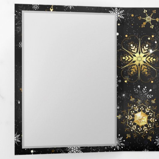 Xmas Golden Snowflakes op zwarte achtergrond Drieluik Aankondiging (Binnenzijde eerst)