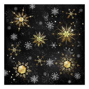 Xmas Golden Snowflakes op zwarte achtergrond Perfect Poster