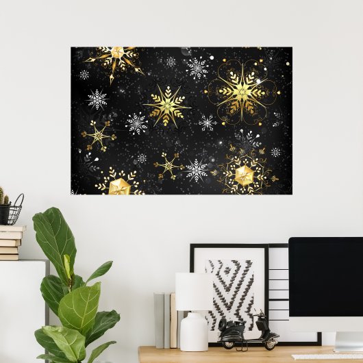 Xmas Golden Snowflakes op zwarte achtergrond Poster (Thuiskantoor)