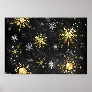 Xmas Golden Snowflakes op zwarte achtergrond Poster