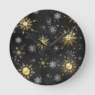 Xmas Golden Snowflakes op zwarte achtergrond Ronde Klok