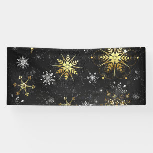 Xmas Golden Snowflakes op zwarte achtergrond Spandoek