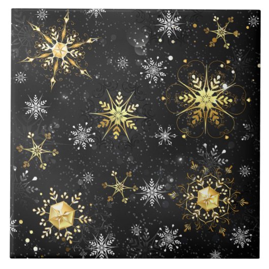 Xmas Golden Snowflakes op zwarte achtergrond Tegeltje (Voorkant)