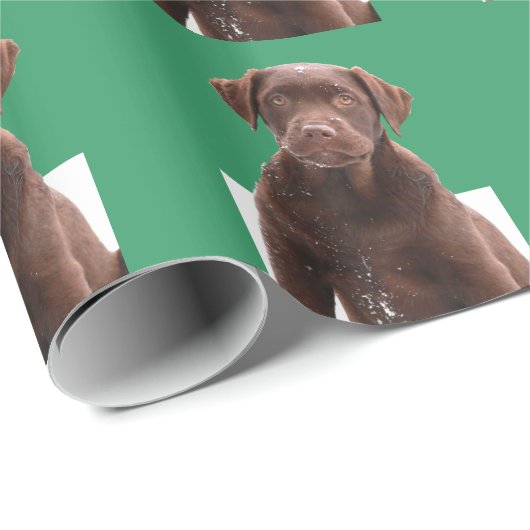 Xmas Green Background Chocolate Lab Dog Puppy Pet Cadeaupapier (Rol Hoek)