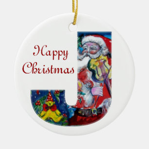 XMAS J LETTER/SANTA CLAUS MET VIOLIN MONOGRAM KERAMISCH ORNAMENT