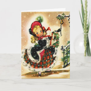 Xmas Kaart, klein meisje rinkelende bel Feestdagen Kaart