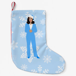 xmas kamala harris santa blue icy sneeuwvlokken kleine kerstsok