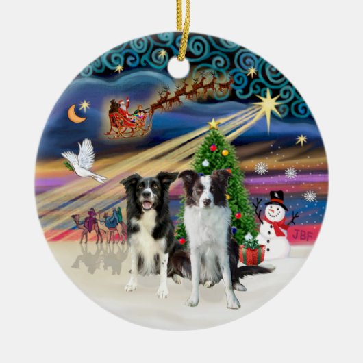 Xmas Magic - Border Collies (twee-B-Brn) Keramisch Ornament (Voorkant)