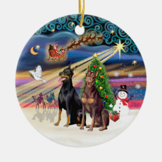 Xmas Magic - Dobermans (TWEE-zwart-rood) Keramisch Ornament