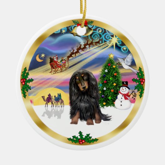 Xmas Magic - langharige (BT) Teckel Keramisch Ornament (Voorkant)