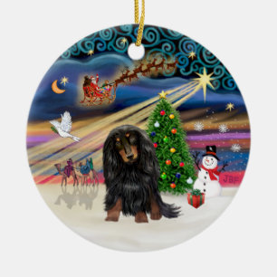 Xmas Magic - Long Haire Dachshund (Black-Tan) Keramisch Ornament