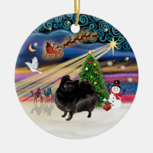 Xmas Magic - Pomeranian (zwarte standaard) Keramisch Ornament (Voorkant)