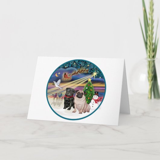 Xmas Magic (R) - Twee Pugs (F + B) Feestdagen Kaart (Voorkant)