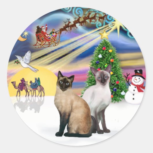 Xmas Magic (R) - Twee Siamese katten Ronde Sticker (Voorkant)