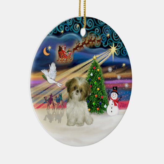 Xmas Magic - Shih Tzu Puppy (bruin-wit) Keramisch Ornament (Rechts)