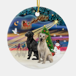 Xmas Magic - Twee labradors (zwart + geel) Keramisch Ornament