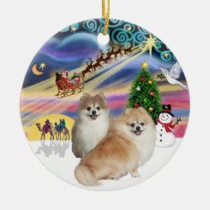 Xmas Magic - Twee Pomeranians (WS + fawn) Keramisch Ornament
