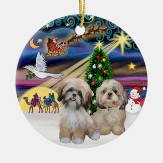 Xmas Magic - Twee Shih Tzus (P2 + Y) Keramisch Ornament (Voorkant)