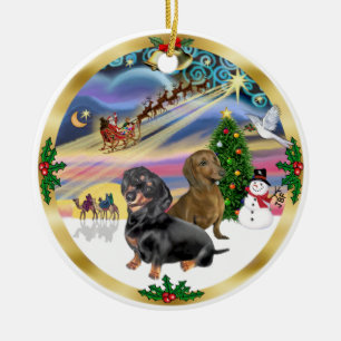 Xmas Magic - Twee teckels (bl+rd) Keramisch Ornament