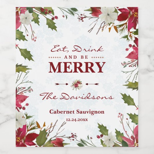 Xmas Poinsettia Sneeuwvlokken Eet Drink en wees vr Wijn Etiket (Enkel label)