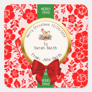 XMAS Red LACE Editable Gift Bag Vierkante Sticker
