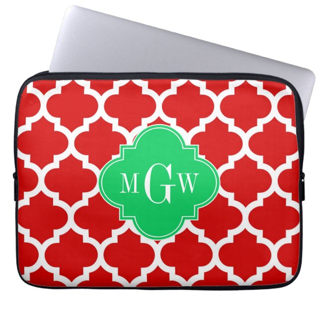 Xmas Red White Moroccan #5 Emerald Name Monogram Laptop Sleeve (Voorkant)