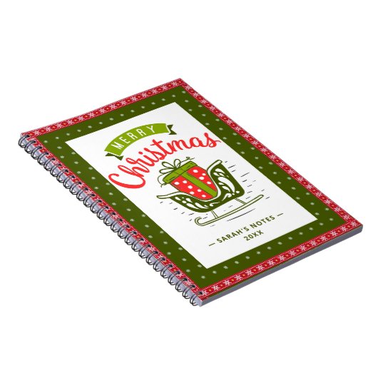 Xmas Sleigh Red Green Ribbon Snowflake Custom Text Notitieboek (Rechterzijde)