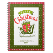 Xmas Sleigh Red Green Ribbon Snowflake Custom Text Notitieboek (Voorkant)