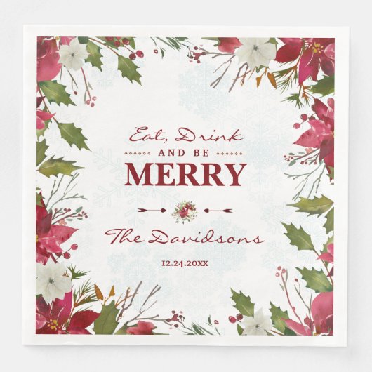 Xmas Snowflakes Poinsettia Eet Drink en wees vroli Servet (Voorkant)