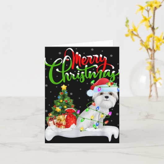 Xmas Tree Lights Santa Hat Maltese Dog Christmas T Kaart (Gele Bloem)