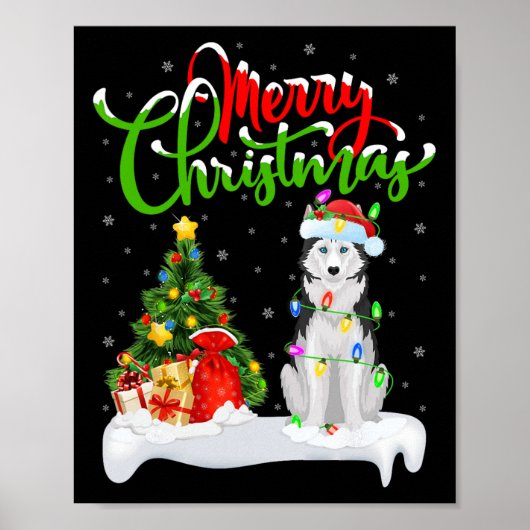 Xmas Tree Lights Santa Hat Siberische Husky Dog Ch Poster (Voorkant)
