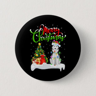 Xmas Tree Lights Santa Hat Siberische Husky Dog Ch Ronde Button 5,7 Cm